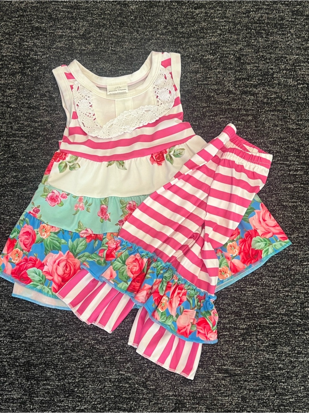 Girls Pink Floral & Striped Matching Set